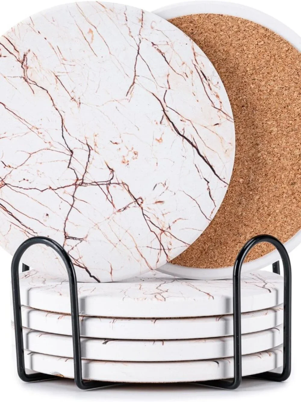 6Pcs Drink Coasters with Holder, Marble Style Ceramic Drink Coaster, Absorbent C